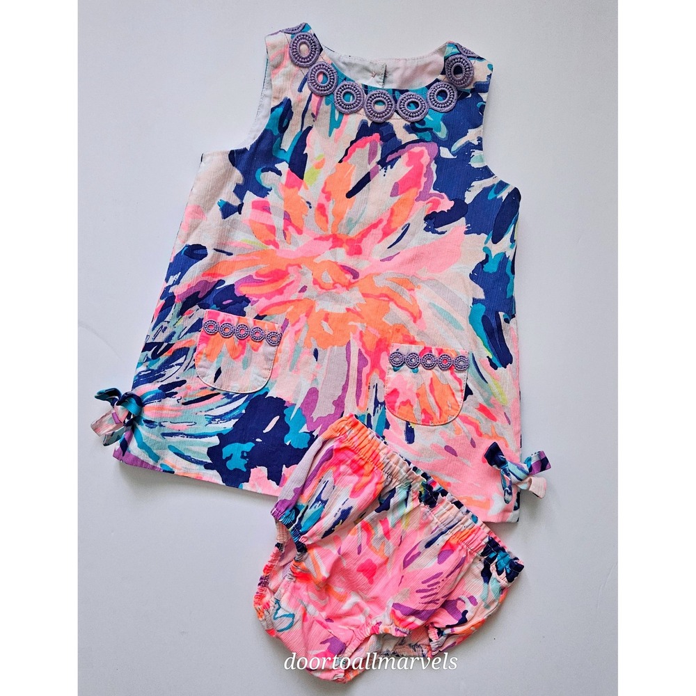 Lilly Pulitzer Baby 18-24M Floral Shift Dress Bloomer Set Crochet Trim Cotton